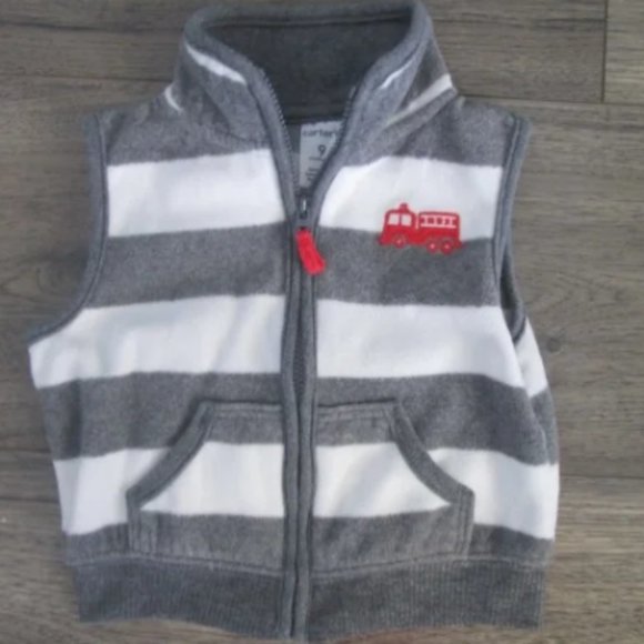 Baby Infant Boys 9 Months Zip Up Fleece Vest Gray White Stripe Red Fire Engine